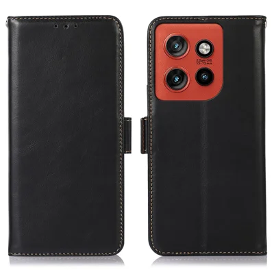 Für Motorola Edge 60 Neo 5G / Edge 50 Neo 5G Hülle RFID-Blockierung Echtes Rindsleder Wallet Phone Cover - Schwarz