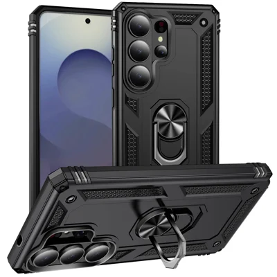 Til Samsung Galaxy S26 Ultra Case PC + TPU Telefonbeskyttelse med støttefod - Sort