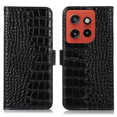 Genuine Cow Leather Case for Motorola Edge 60 Neo 5G / Edge 50 Neo 5G / Moto S50 5G / ThinkPhone 25 5G RFID Blocking Wallet Crocodile Texture Phone Cover - Black