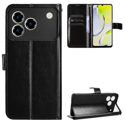 For ZTE Blade A76 4G PU Leather Case with Strap Crazy Horse Texture Phone Wallet Cover - Black