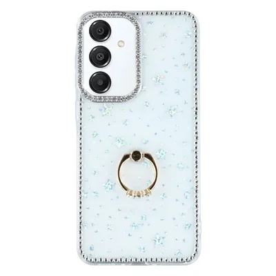 Samsung Galaxy S25 FE hoesje met ringstandaard Rhinestone rand TPU + PC IMD telefoonhoesje - Sterrentransparant