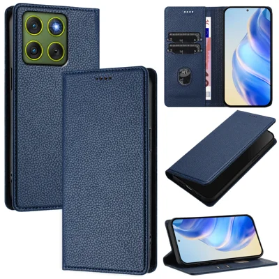 Capa Carteira para Motorola Edge 70 5G Bloqueio RFID Textura de Couro Litchi Capa de Celular - Azul Escuro