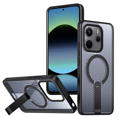 For Xiaomi Redmi Note 14 5G Magnetic Case Kickstand Grid Texture TPU PC Phone Back Cover - Black
