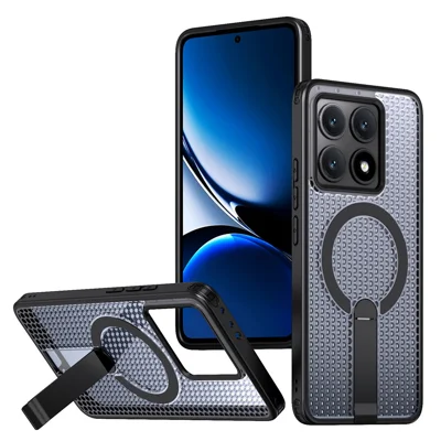 For Xiaomi 14T Magnetic Case Kickstand Grid Texture TPU PC Phone Back Cover - Black