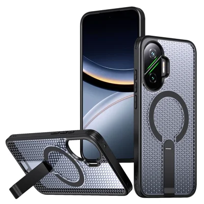 For Xiaomi Poco F7 5G  /  Redmi Turbo 4 Pro 5G Magnetic Case Kickstand Grid Texture TPU PC Phone Back Cover - Black