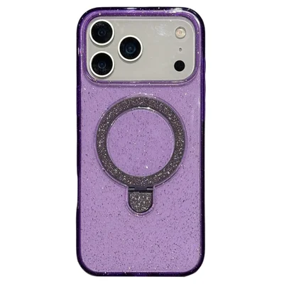 Til iPhone 17 Pro Max Case med fold ud af stand, kompatibel med MagSafe 2,0 mm TPU PC Glitter telefonbeskyttelse - Transparent lilla