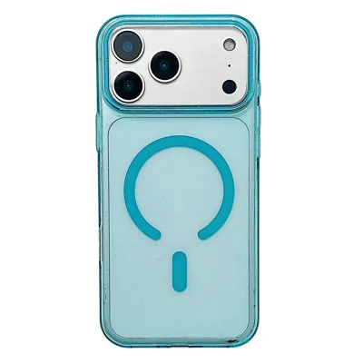 Capa para iPhone 17 Pro Compatível com MagSafe, Transparente com Glitter, Antichoque, Capa Traseira de PC - Azul Céu