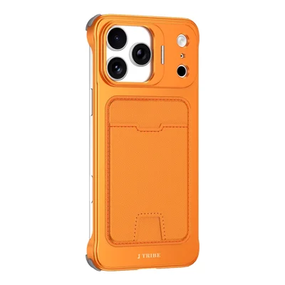 For iPhone 17 Pro Case Lens Frame Kickstand Metal Frameless Phone Cover with Leather Card Slots - Oranje