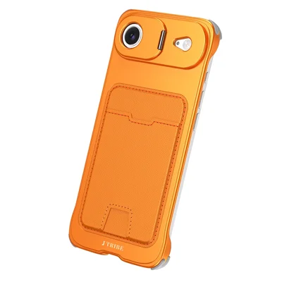 iPhone Air Case Len Frame Kickstand Metallrahmen Telefonabdeckung mit Leder-Kartensteckplätzen - Orange