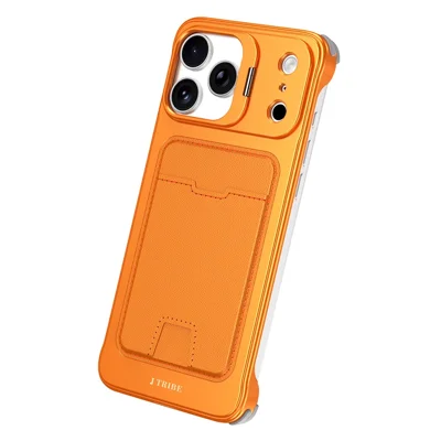 For iPhone 16 Pro Max Case Lens Frame Kickstand Metal Frameless Phone Cover with Leather Card Slots - Orange