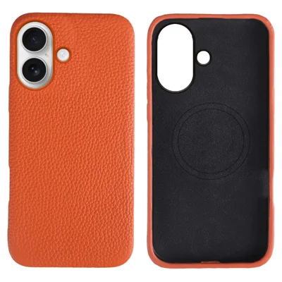 Voor iPhone 17 Hoesje Compatibel met MagSafe Litchi-structuur Echt Rundleer + PC Telefoonhoesje - Oranje