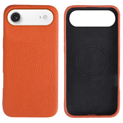 For iPhone Air Case Compatible with MagSafe Litchi Texture Genuine Cow Leather + PC Phone Cover - Orange