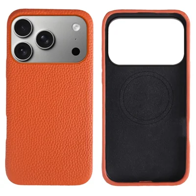 Capa para iPhone 17 Pro Compatível com MagSafe Textura de Litchi Couro Genuíno de Vaca + Capa de Telefone PC - Laranja