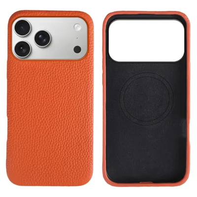 För iPhone 17 Pro Max Skal Kompatibel med MagSafe Litchi-Struktur Riktigt Nöt- + PC-Telefonhölje - Orange