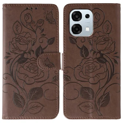 For Oppo A6 Pro 5G Case Wallet Stand Imprinted Rose Butterfly PU Leather Phone Cover - Brown