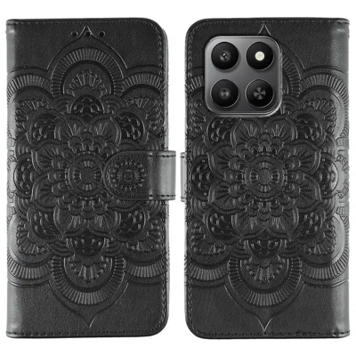 PU Leather Case for Honor 400 Smart 5G  /  400 Smart  /  X7d 4G  /  X7d 5G Mandala Imprinted Design Wallet Phone Cover with Wrist Strap - Black