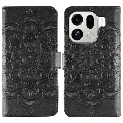 Voor Oppo Find X9 Pro 5G Hoesje PU Leren Mandala Afdruk Design Portemonnee Telefoonhoesje met Polsbandje - Zwart