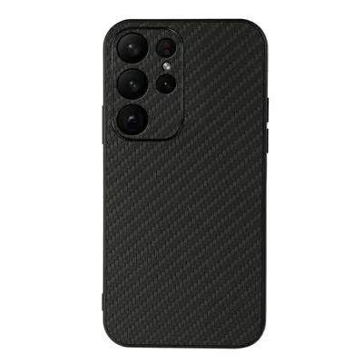 Carbon Fiber Texture Phone Case for Samsung Galaxy S23 Ultra, Anti-scratch PU Leather+TPU Back Cover - Black