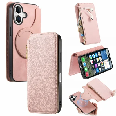 For iPhone 17 Leather Case Cross Texture Detachable Magnetic Phone Cover Wallet Stand - Pink
