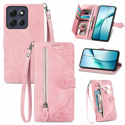 For Motorola Moto G86 Power 5G Zipper Wallet Case with Strap Flower Imprint PU Leather Phone Cover - Pink