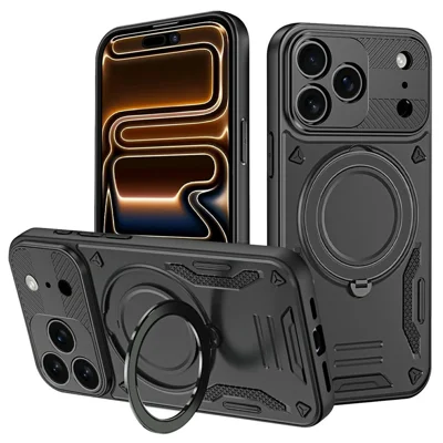 Til iPhone 17 Pro Case kompatibel med MagSafe Stødfast TPU + PC telefon bagdæksel med fold ud stå - Sort