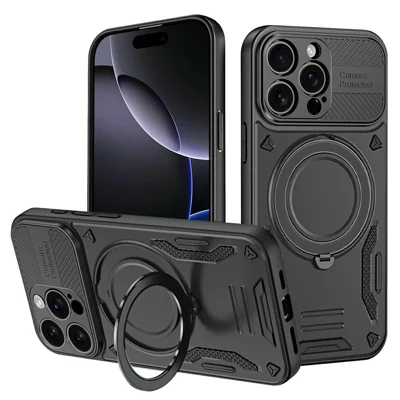 Capa para iPhone 16 Pro Max Compatível com MagSafe à Prova de Choque TPU + PC Capa Traseira para Celular com Suporte - Preto