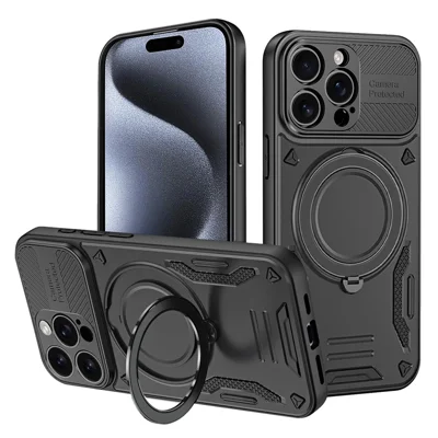 Capa do iPhone 15 Pro Compatível com MagSafe Resistente a Choques TPU + Capa Traseira de PC com Suporte - Preto