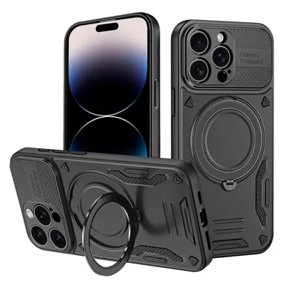 Capa para iPhone 14 Pro Compatível com MagSafe Resistente a Choques TPU + Capa Traseira de PC com Suporte - Preto