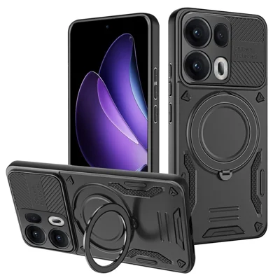 For Oppo Reno13 Pro 5G Magnetic Case Shockproof TPU + PC Phone Back Cover with Kickstand - Black