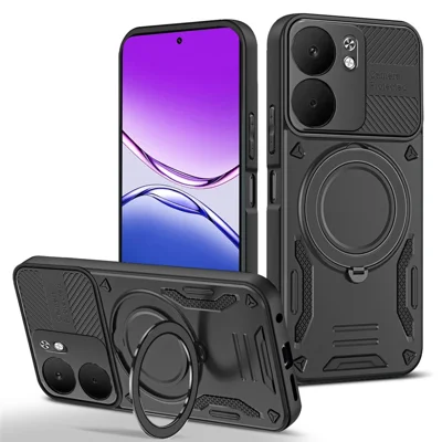For Oppo A5x 5G Magnetic Case Shockproof TPU + PC Phone Back Cover with Kickstand - Black