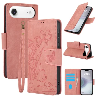 SY-001 Blumen-Schmetterlings-Leder-Geldbörse-Handyhülle mit Handschlaufe für iPhone Air - Rosa