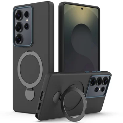 Samsung Galaxy S24 Ultra Magnetische Hülle mit Rotationsring, Ständer und flüssigem Silikonrückencover - Schwarz