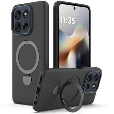 Motorola Edge 50 Neo 5G / Motorola Moto S50 5G / Motorola ThinkPhone 25 5G / Motorola Edge 60 Neo 5G Magnetisches Gehäuse mit drehbarem Ring, Ständer und flüssigem Silikonrückencover - Schwarz