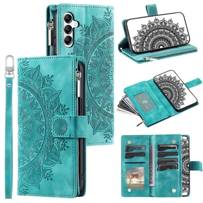 Custodia Portafoglio Samsung Galaxy S26+ Motivo Mandala Fiore Modello Pelle PU Custodia per Telefono con Cinturino da Polso - Verde Menta