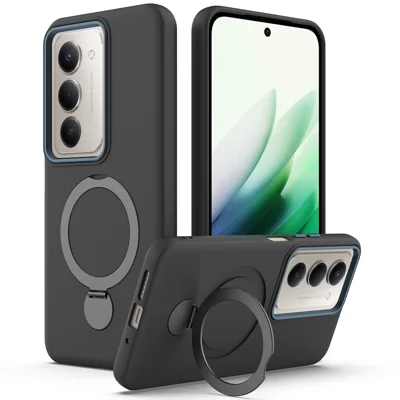 For Xiaomi Redmi 15 5G (EU) (171mm) / 15 4G (EU) (171mm) Magnetic Case Rotating Ring Kickstand TPU + PC Back Cover - Black