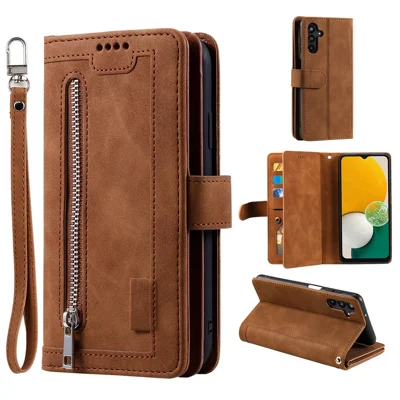 Voor Samsung Galaxy A37 Hoesje 9 Kaartslots Rits Portemonnee PU Leren Telefoonhoes met Polsbandje - Bruin