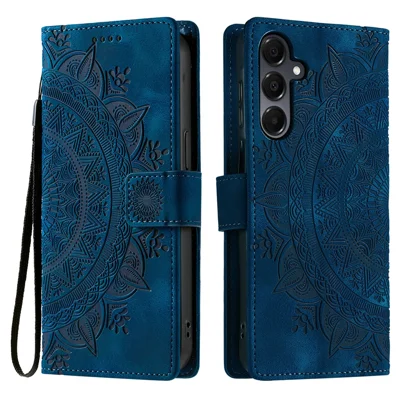 Voor Samsung Galaxy A37 Hoesje Ingedrukt Totem Tactiele Wallet Leren Telefoonhoes met Handtas - Blauw