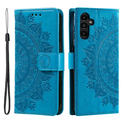 For Samsung Galaxy A57 5G Stand Case Imprinted Totem PU Leather Wallet Phone Cover with Wrist Strap - Blue