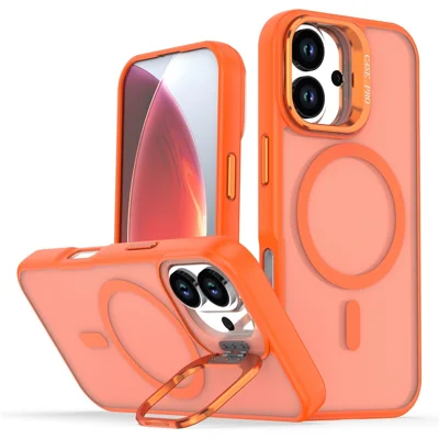 Für iPhone 17 Case Faltbarer Ständer Matte PC + TPU Handyhülle Kompatibel mit MagSafe - Orange