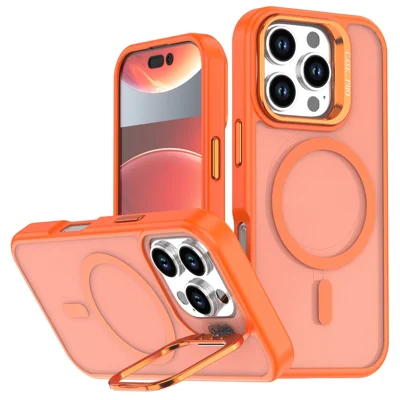 For iPhone 16 Pro Case Foldable Kickstand Matte PC + TPU Phone Cover Compatible with MagSafe - Orange