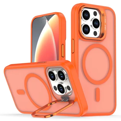 Capa para iPhone 14 Pro Max com Suporte Dobrável, Matte PC + Capa de Telefone TPU Compatível com MagSafe - Laranja