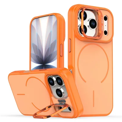 Custodia per iPhone 17 Pro Max Compatibile con MagSafe, Cover per Telefono PC + TPU con Texture Soft-touch e Supporto Pieghevole - Arancione