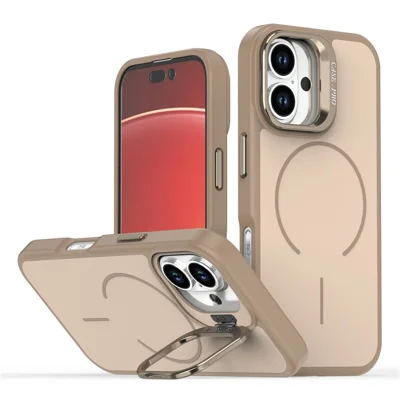 Funda para iPhone 16 compatible con MagSafe Cubierta de teléfono de PC + TPU con soporte plegable - Oro Desierto