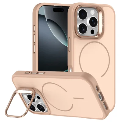Funda para iPhone 16 Pro Compatible con MagSafe Piel-Tacto PC + Cubierta de Teléfono TPU con Soporte Plegable - Oro Desierto