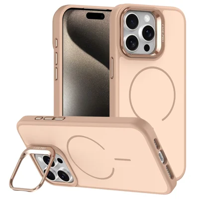 Capa para iPhone 15 Pro Max Compatível com MagSafe Pele-toque PC + Capa de Telefone TPU com Suporte Dobrável - Ouro Deserto