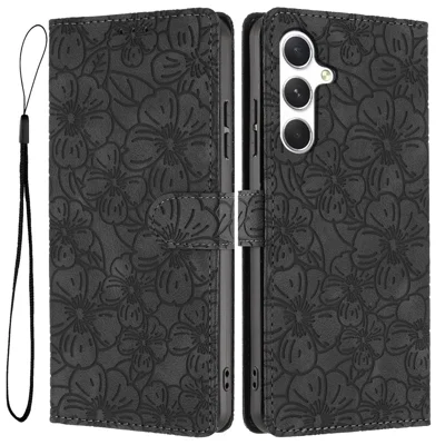 For Samsung Galaxy A57 5G Flip Case Cherry Blossom Pattern Leather Wallet Stand Phone Cover with Wrist Strap - Black