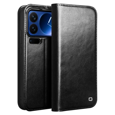 QIALINO For Xiaomi 17 Pro Wallet Case Genuine Cow Leather Phone Cover Card Holder Stand - Black