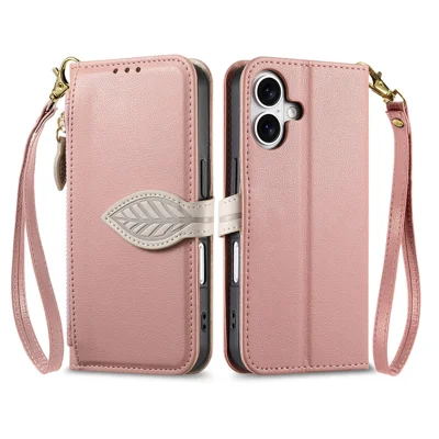 For iPhone 17 Stand Case Leaf Shape Magnetic Clasp Leather Phone Cover with Hand Strap - Rose Gold