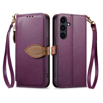 Samsung Galaxy S24 Ständer Hülle Blattform Magnetischer Verschluss Leder Handyhülle mit Handschlaufe - Lila