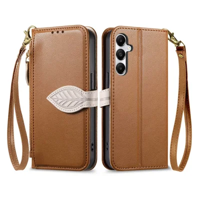 Stand Case for Samsung Galaxy A56 5G  /  Galaxy M56 5G Leaf Shape Magnetic Clasp Leather Phone Cover with Hand Strap - Brown